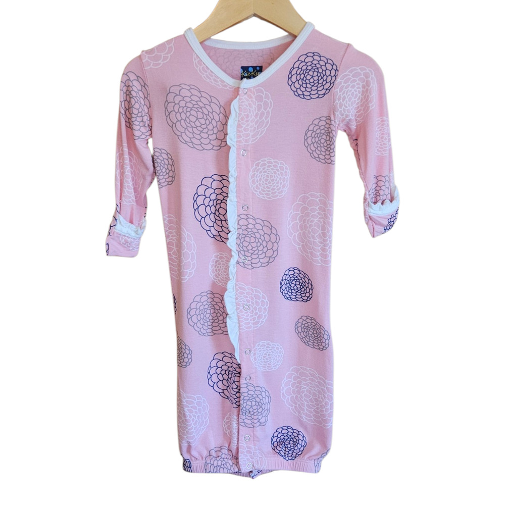 KicKee Pants Pink Mums Floral Bamboo Ruffle Front Sleeper Pajamas 6-12 Months
